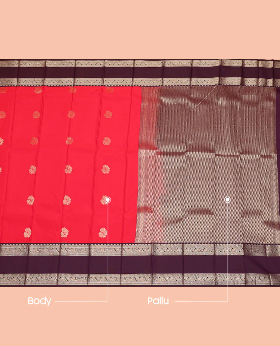 Red Budget Silk Saree, Adorned with Zari Buttas, Complemented by Contrast Traditional Design Rettai Pettu Border, Grand Pallu, and a Contrast Blouse - Image 3