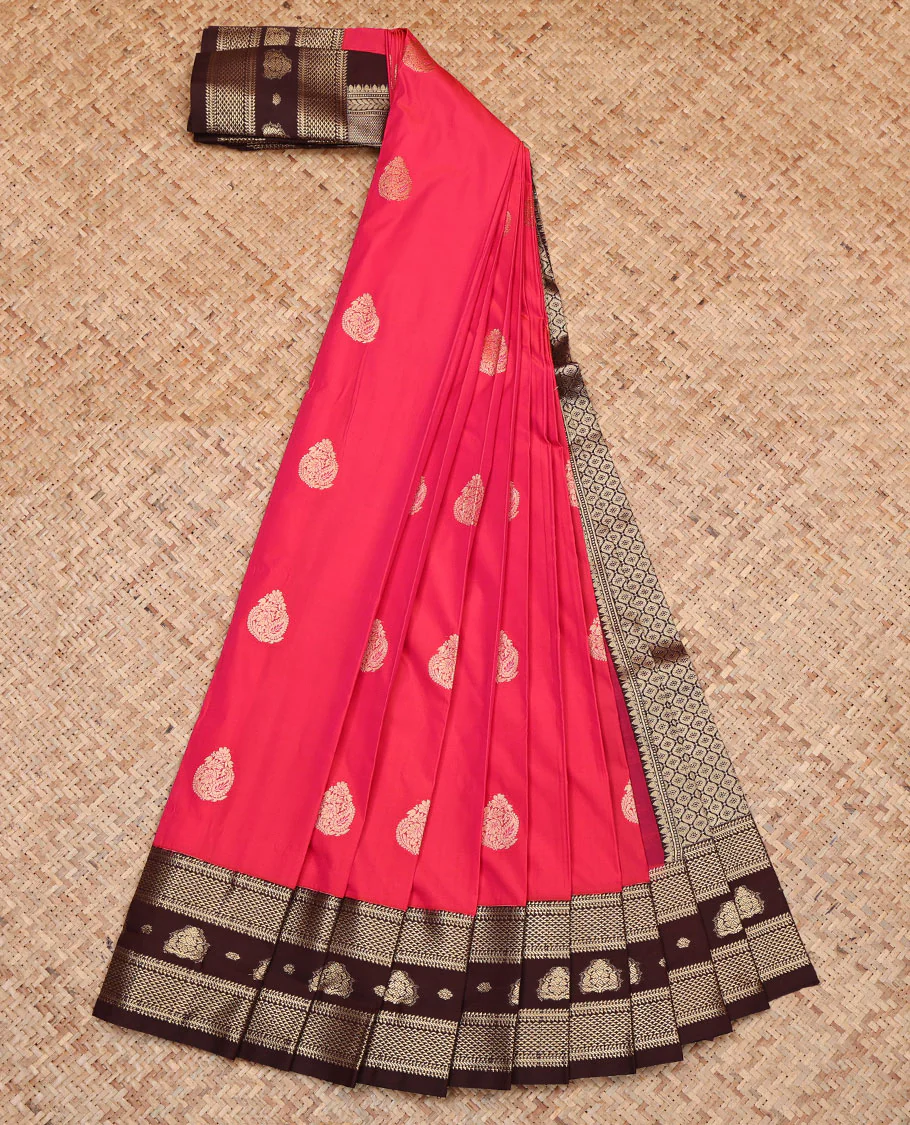 Red Budget Silk Saree, Beautified with Zari Buttas, Complemented by a Contrast Traditional Zari Border, Pallu of Jaal Designs, and a Contrast Blouse - Image 2