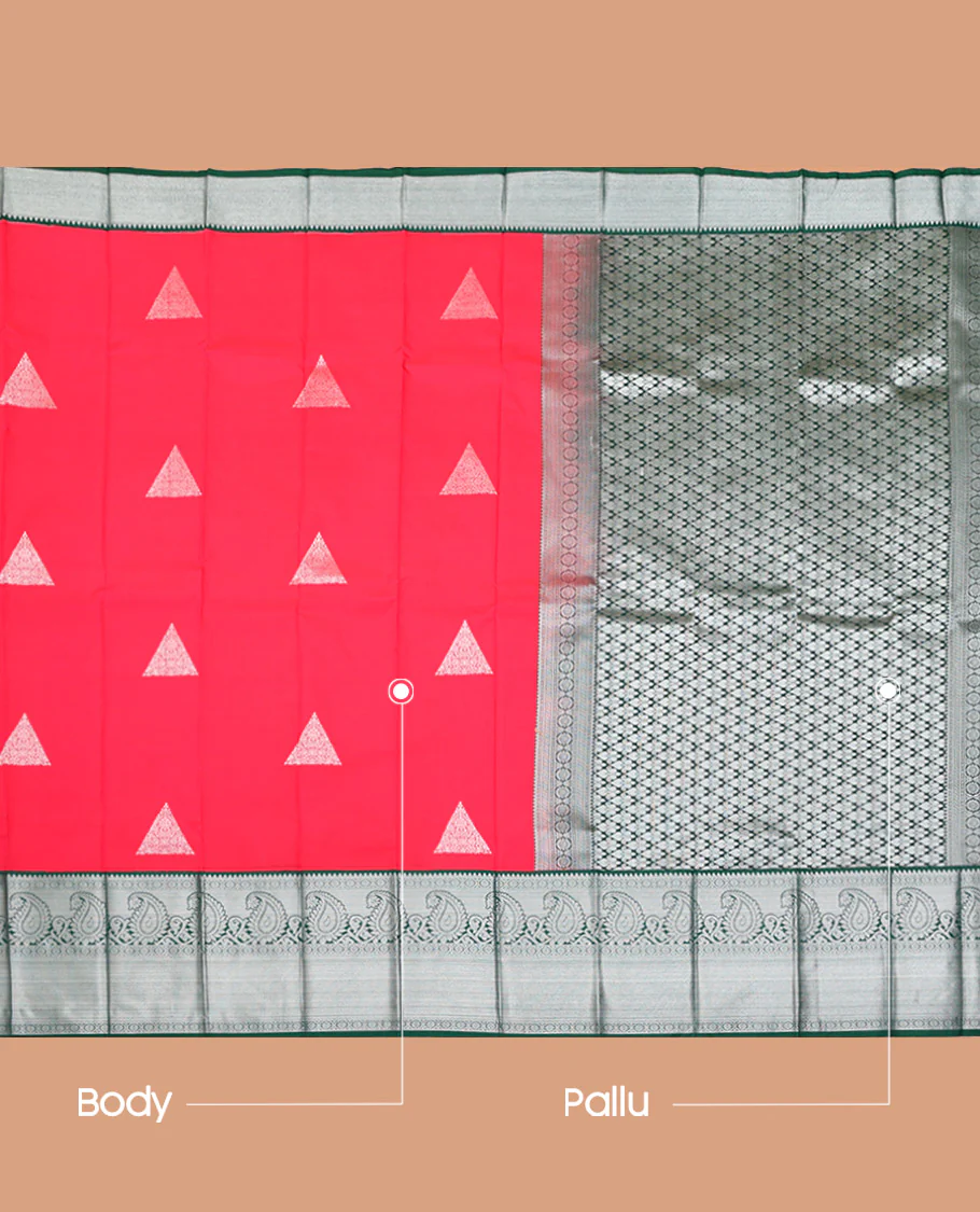 Red Budget Silk Saree, Beautified with Zari Buttas on Its Body, Complemented by a Contrast Traditional Zari Design Border, Pallu of Jaal Patterns, and Paired with a Contrast Blouse - Image 3