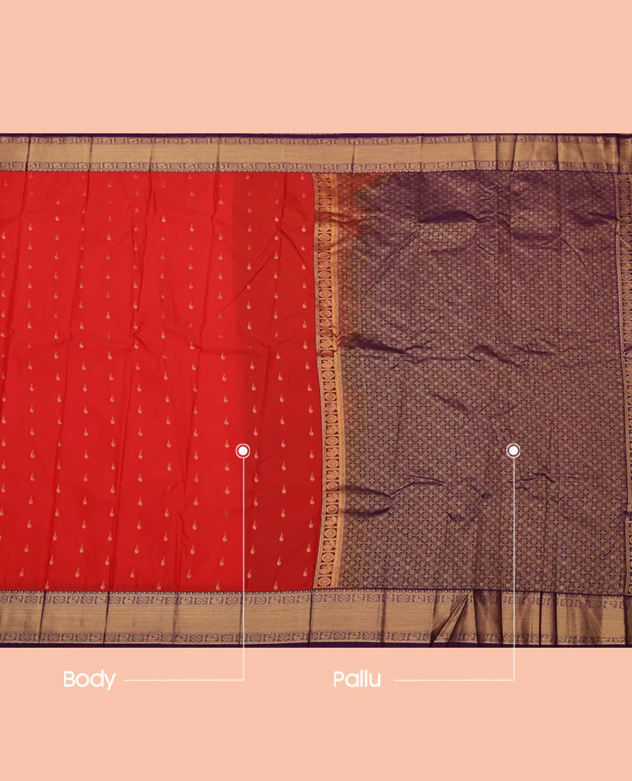 Red Budget Silk Saree, Bedecked with Zari Buttas All Over Its Body, Complemented by a Contrast Traditional Zari Peacock-Chakram Border, Grand Jaal Pallu, and Paired with a Contrast Blouse - Image 3