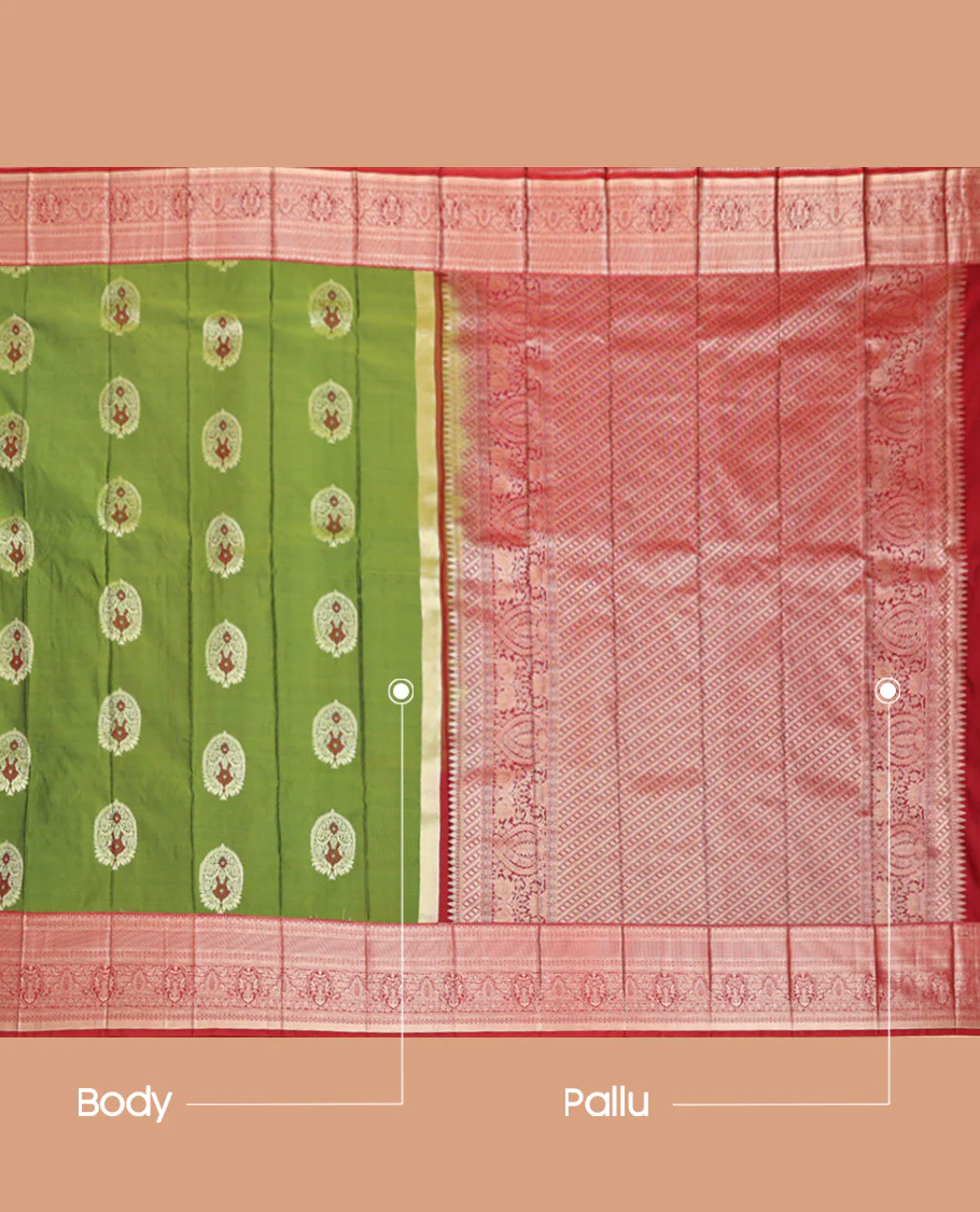 Green Budget Silk Saree, Bedecked with Zari Buttas, Captivating Contrast Traditional Zari Design Border, Intricately Designed Pallu, and Has a Contrast Blouse - Image 3