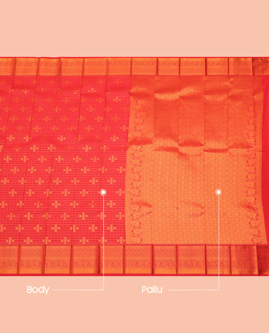 Red Budget Silk Saree, Boldly Accentuated with Zari Buttas and Checks All Over Its Body, Highlighted by a Traditional Zari Design Border, Grand Pallu, and Paired with a Matching Blouse - Image 3