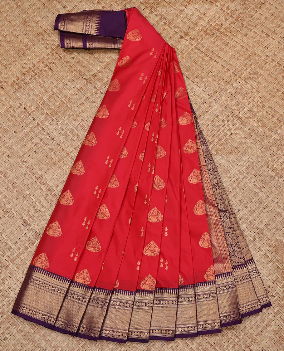 Red Budget Silk Saree, Crafted with Zari Buttas All Over Its Body, Complemented by a Contrast Traditional Zari Design Border, Grand Pallu, and Paired with a Contrast Blouse - Image 2