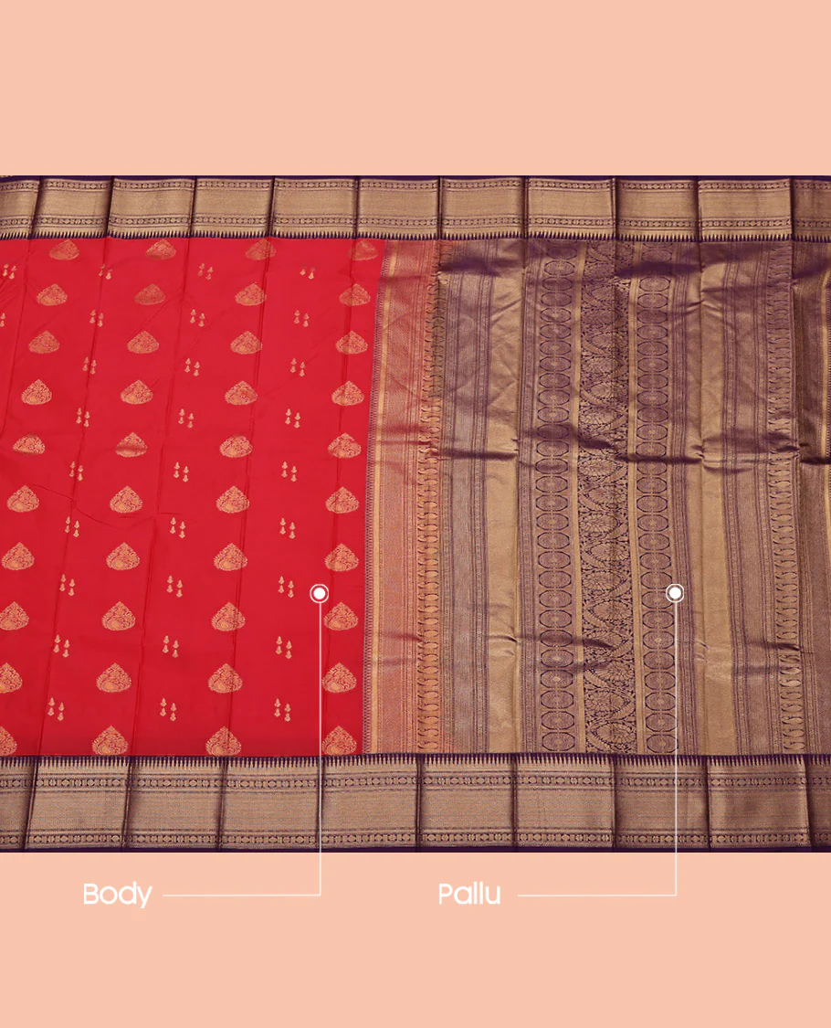 Red Budget Silk Saree, Crafted with Zari Buttas All Over Its Body, Complemented by a Contrast Traditional Zari Design Border, Grand Pallu, and Paired with a Contrast Blouse - Image 3