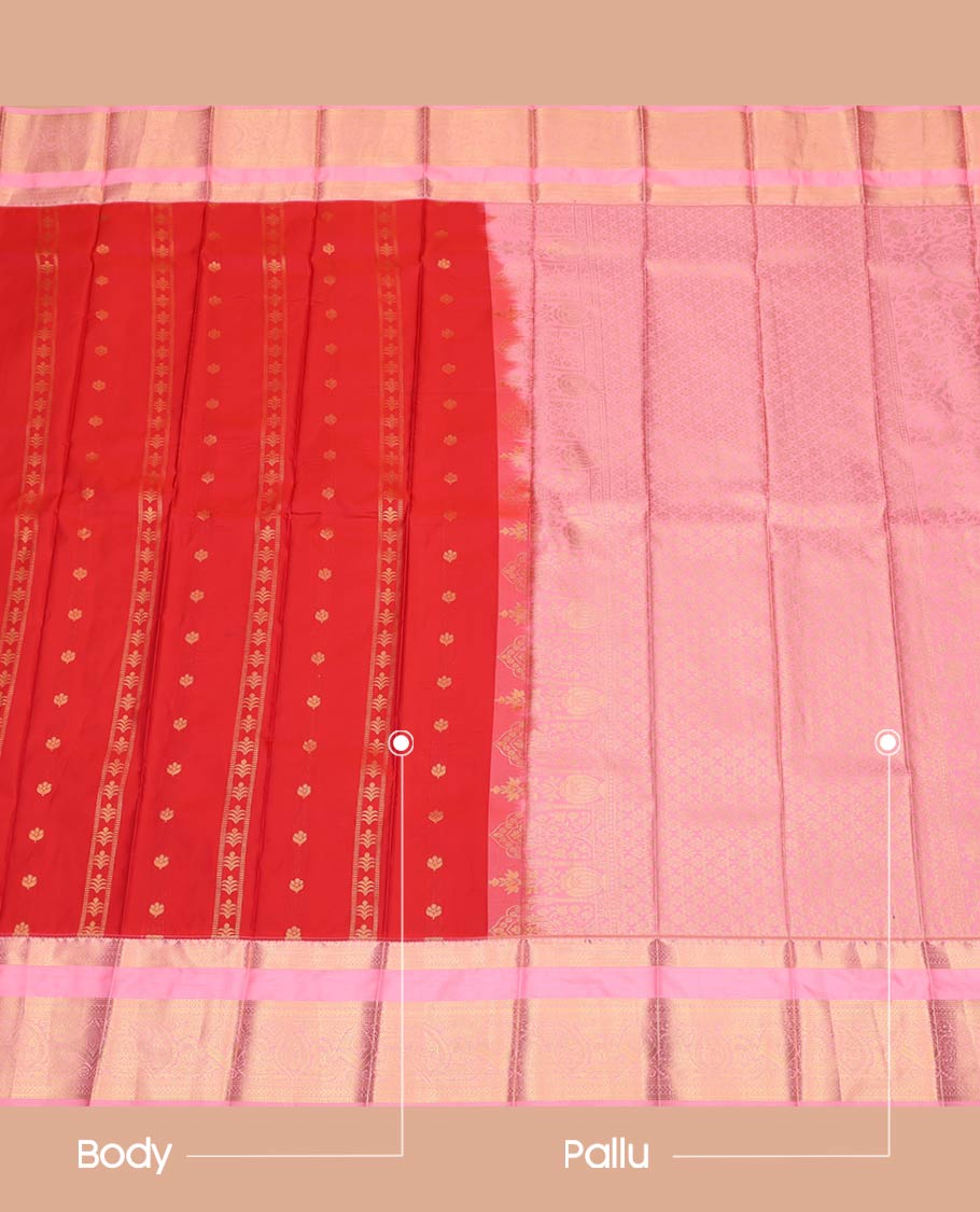 Red Budget Silk Saree, Crafted with Zari Buttas All Over Its Body, Complemented by a Contrast Traditional Zari Design Rettai Pettu Border, Intricately Designed Pallu, and Paired with a Contrast Blouse - Image 3