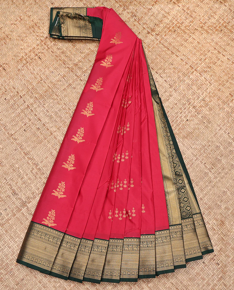 Red Budget Silk Saree, Decorated with Zari Buttas All Over Its Body, Complemented by a Contrast Traditional Zari Border, Grand Jaal Pallu, and Paired with a Contrast Blouse - Image 2