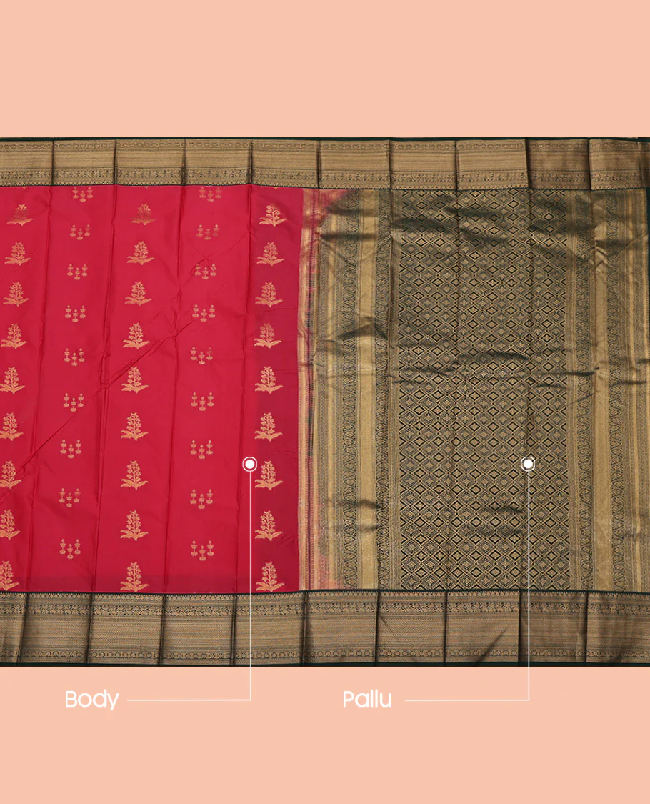Red Budget Silk Saree, Decorated with Zari Buttas All Over Its Body, Complemented by a Contrast Traditional Zari Border, Grand Jaal Pallu, and Paired with a Contrast Blouse - Image 3