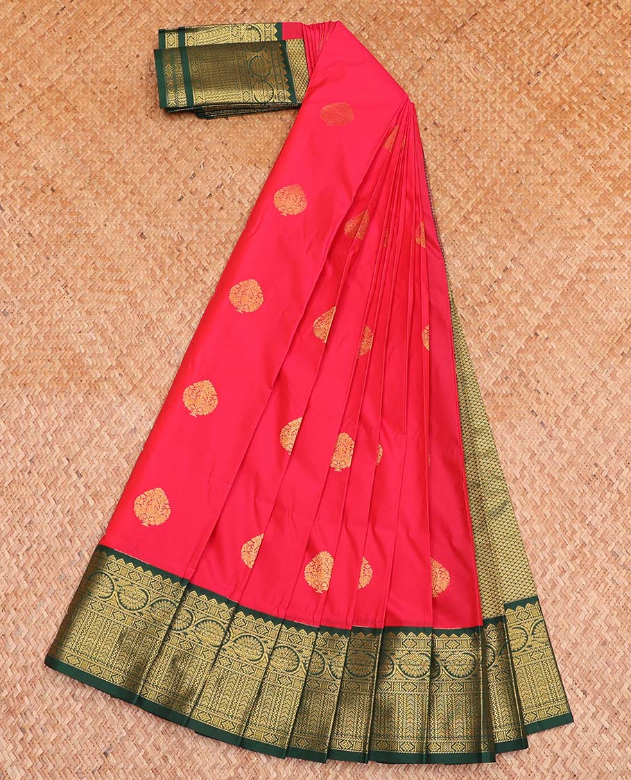 Red Budget Silk Saree, Decorated with Zari Buttas All Over Its Body, Complemented by a Contrast Traditional Zari Design Border, Grand Jaal Pallu, and Paired with a Contrast Blouse - Image 2