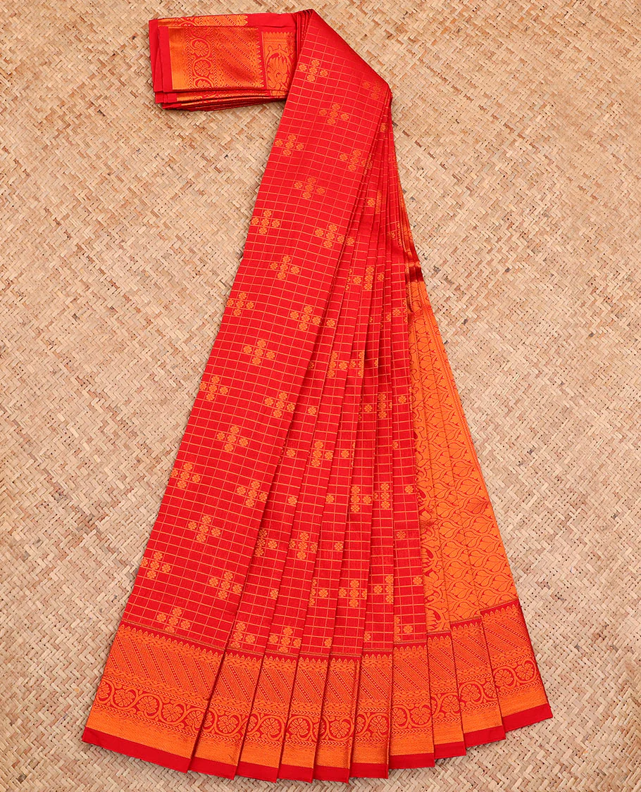 Red Budget Silk Saree, Detailed with Butta Enclosed Checks All Over Its Body, Highlighted by Traditional Design Border, Grand Pallu, and Paired with a Matching Blouse - Image 2