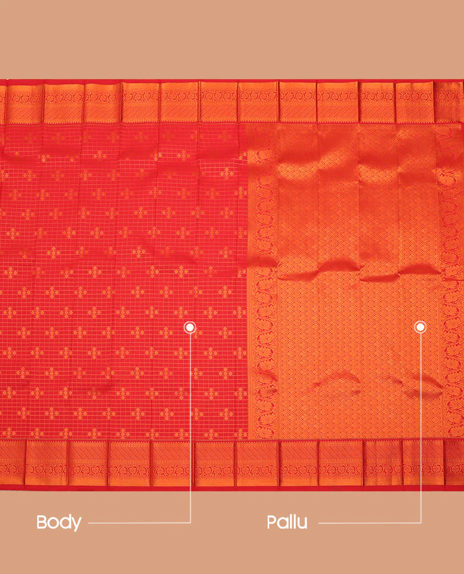Red Budget Silk Saree, Detailed with Butta Enclosed Checks All Over Its Body, Highlighted by Traditional Design Border, Grand Pallu, and Paired with a Matching Blouse - Image 3