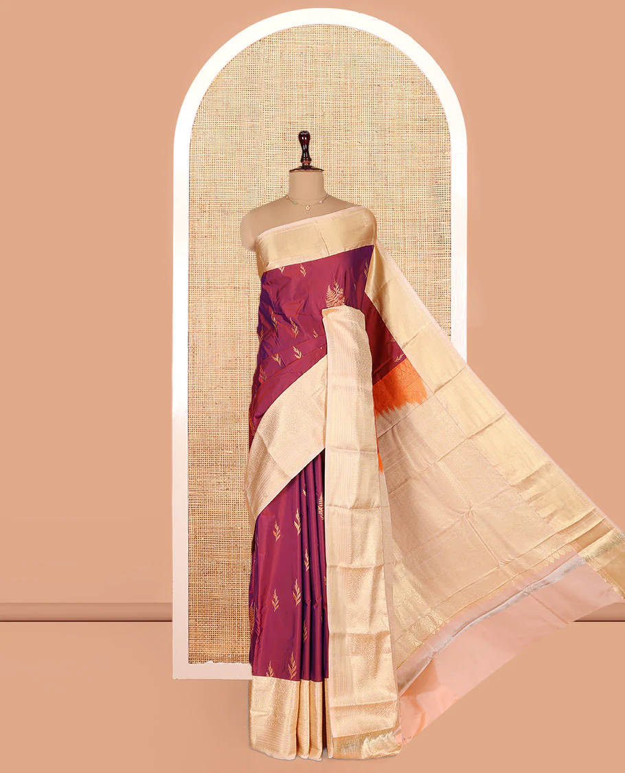 Red Budget Silk Saree, Detailed with Leaf Zari Buttas on Its Body, Complemented by a Contrast Traditional Zari Design Border, Intricate Pallu, and Paired with a Contrast Blouse