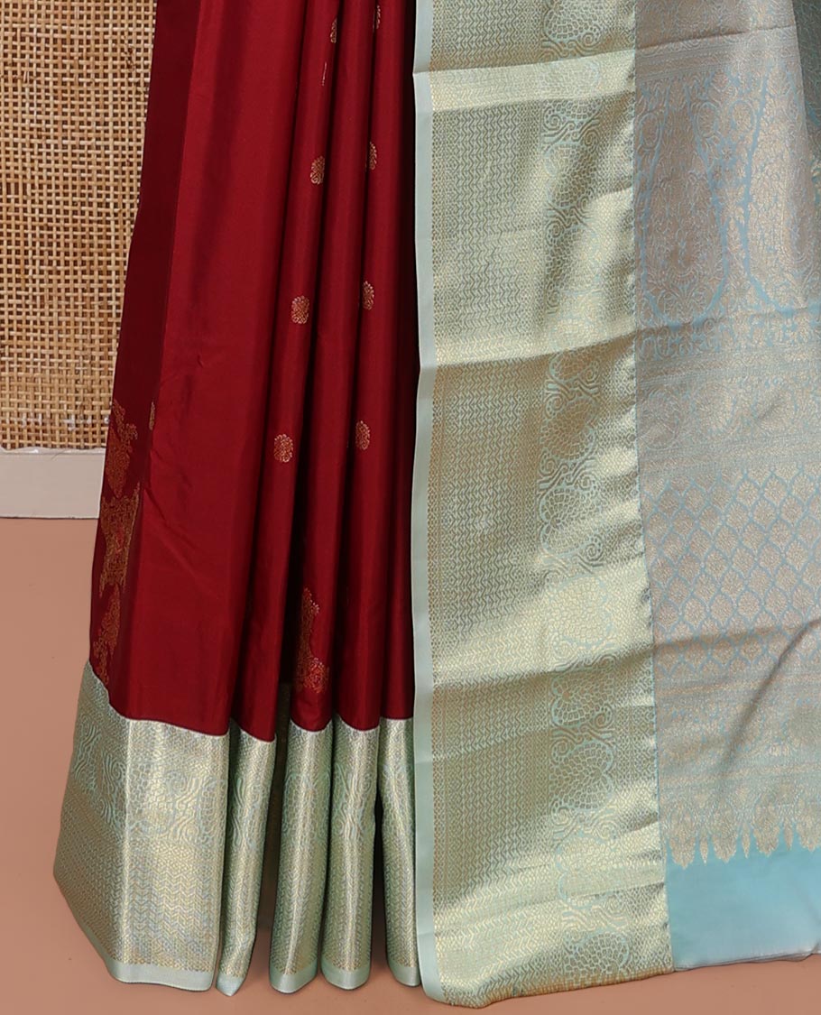 Red Budget Silk Saree, Elegantly Highlighted with Zari Buttas All Over Its Body, Complemented by a Contrast Traditional Zari Designs Woven Border, Opulently Embellished Pallu, and Paired with a Contrast Blouse - Image 3
