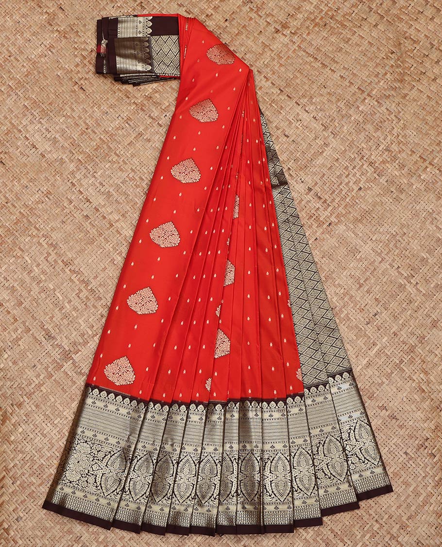 Red Budget Silk Saree, Elevated with Zari Butta on Its Body, Complemented by a Contrast Traditional Zari Design Border, Grand Jaal Pallu, and Paired with a Contrast Blouse - Image 2