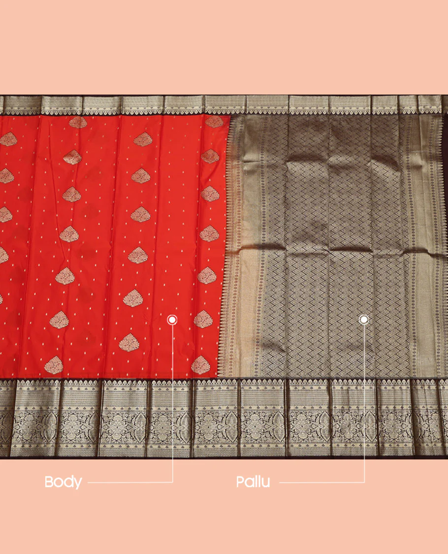 Red Budget Silk Saree, Elevated with Zari Butta on Its Body, Complemented by a Contrast Traditional Zari Design Border, Grand Jaal Pallu, and Paired with a Contrast Blouse - Image 3