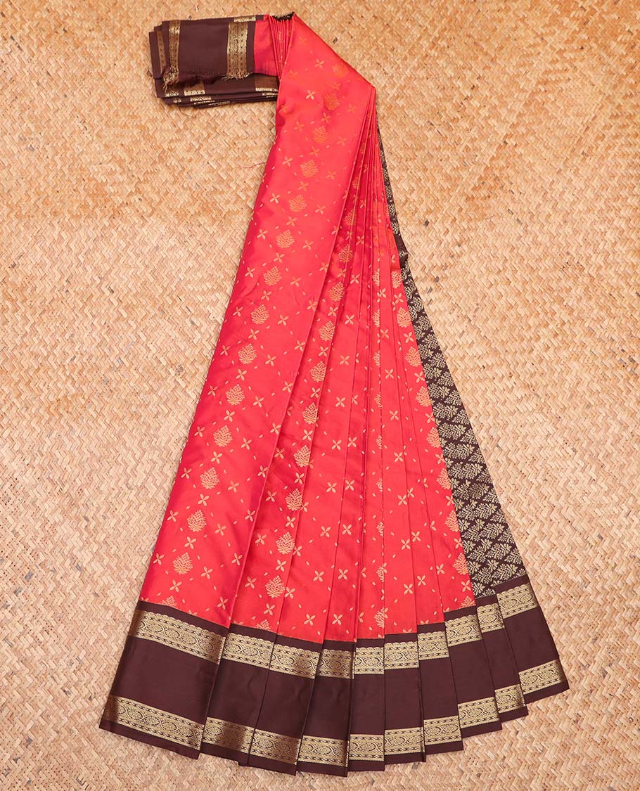 Red Budget Silk Saree, Elevated with Zari Buttas All Over Its Body, Complemented by a Contrast Traditional Zari Design Border, Grand Jaal Pallu, and Paired with a Contrast Blouse - Image 2