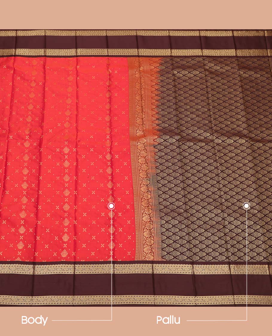 Red Budget Silk Saree, Elevated with Zari Buttas All Over Its Body, Complemented by a Contrast Traditional Zari Design Border, Grand Jaal Pallu, and Paired with a Contrast Blouse - Image 3