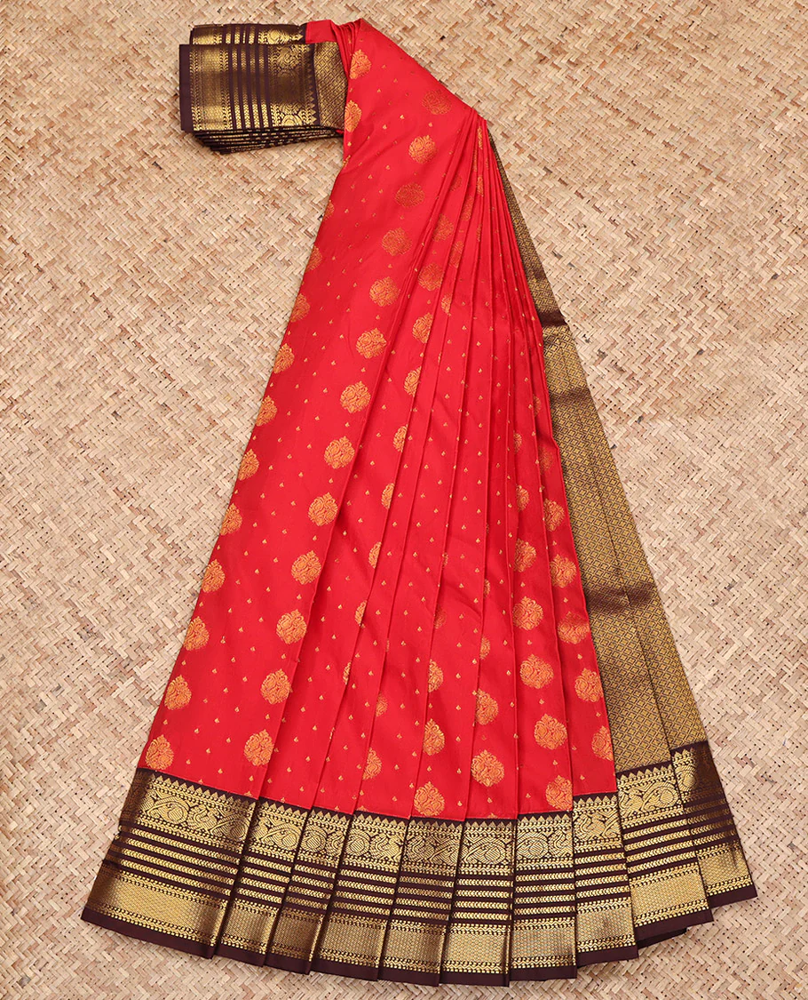 Red Budget Silk Saree, Embellished with Zari Buttas on Its Body, Complemented by a Contrast Traditional Zari Border, Grand Jaal Pallu, and Paired with a Contrast Blouse - Image 2