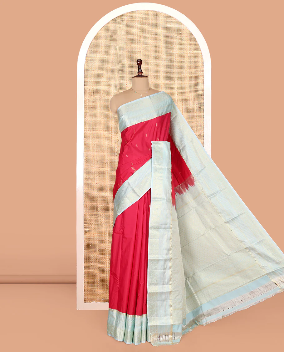 Red Budget Silk Saree, Embellished with Zari Buttas on Its Body, Complemented by a Contrast Traditional Zari Design Border, Grand Jaal Pallu, and Paired with a Contrast Blouse