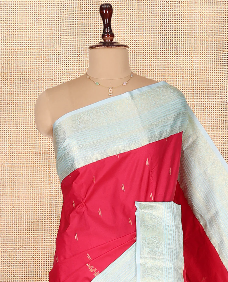 Red Budget Silk Saree, Embellished with Zari Buttas on Its Body, Complemented by a Contrast Traditional Zari Design Border, Grand Jaal Pallu, and Paired with a Contrast Blouse - Image 2