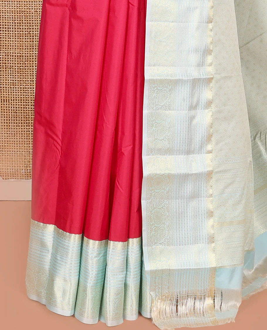 Red Budget Silk Saree, Embellished with Zari Buttas on Its Body, Complemented by a Contrast Traditional Zari Design Border, Grand Jaal Pallu, and Paired with a Contrast Blouse - Image 3