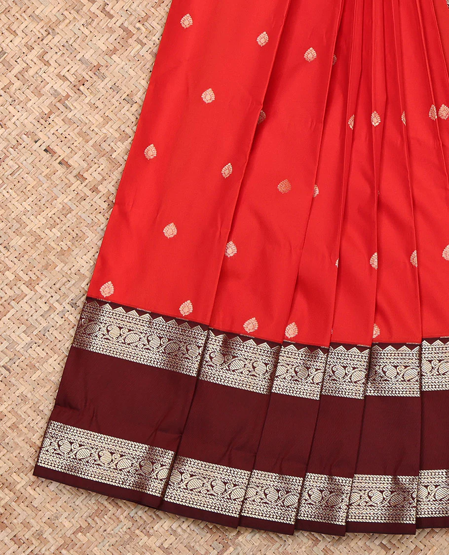 Red Budget Silk Saree, Enthralled with Zari Buttas, Contrast Traditional Zari Rettai Pettu Border, Grand Jaal Pallu, and a Contrast Blouse
