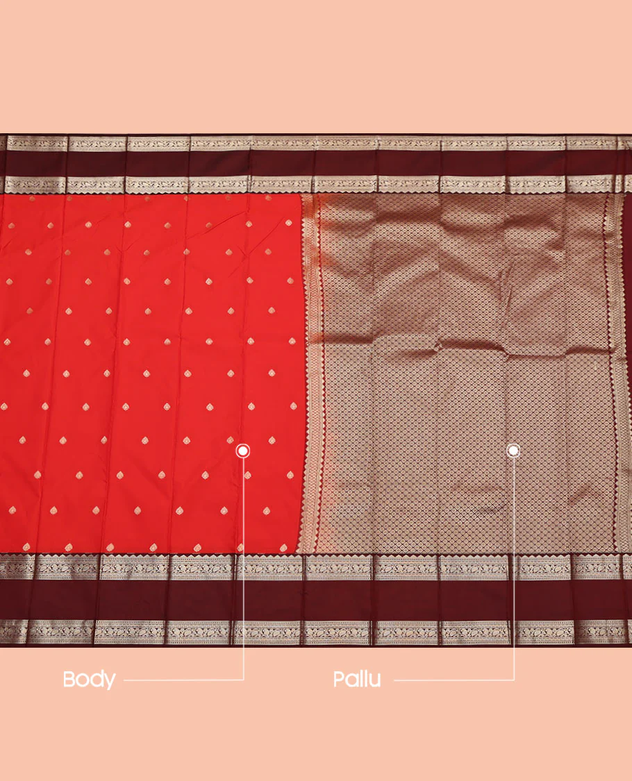 Red Budget Silk Saree, Enthralled with Zari Buttas, Contrast Traditional Zari Rettai Pettu Border, Grand Jaal Pallu, and a Contrast Blouse - Image 3