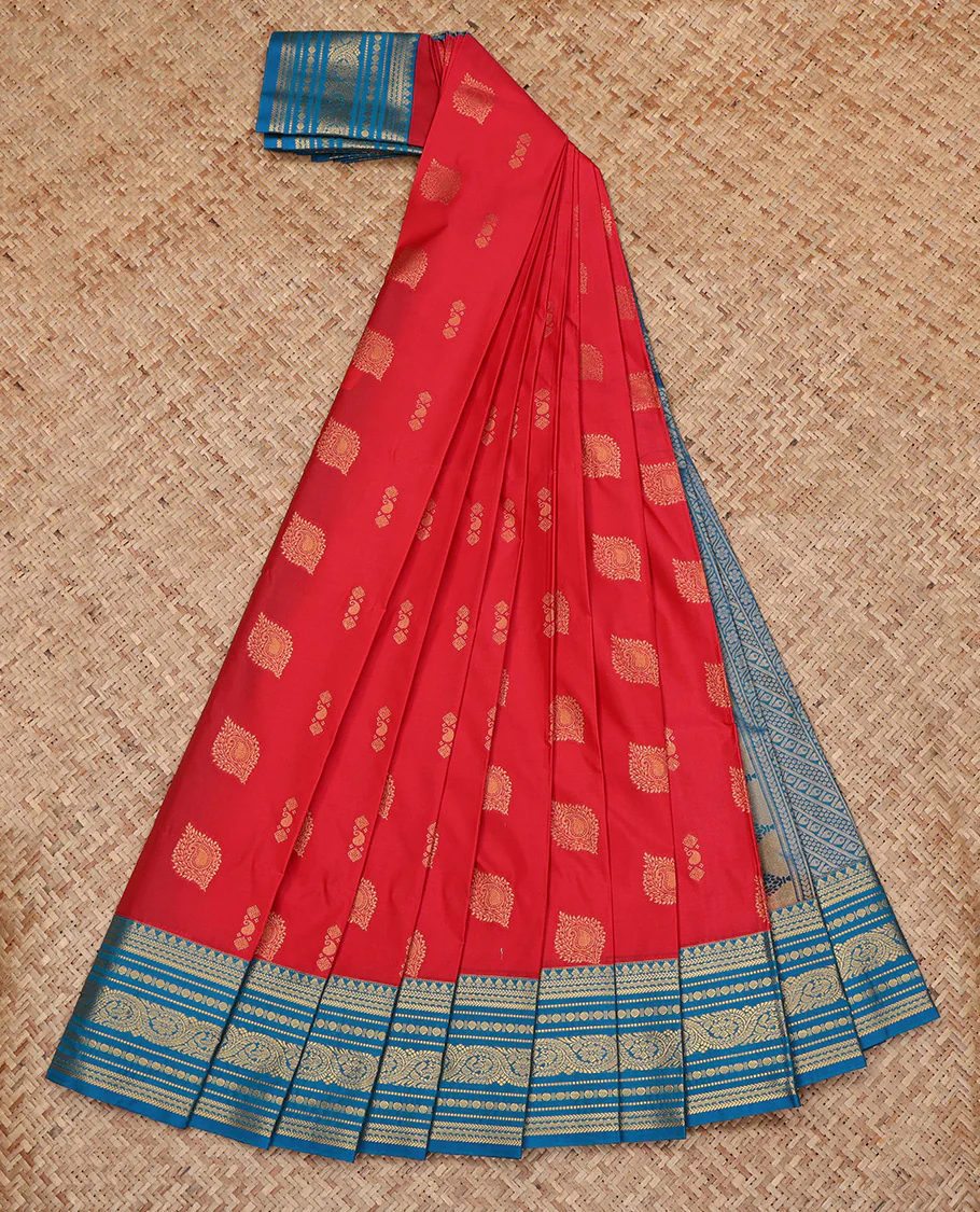 Red Budget Silk Saree, Graced with Zari Buttas All Over Its Body, Complemented by a Contrast Traditional Zari Border, Grand Geometric-Patterned Pallu, and Paired with a Contrast Blouse - Image 2