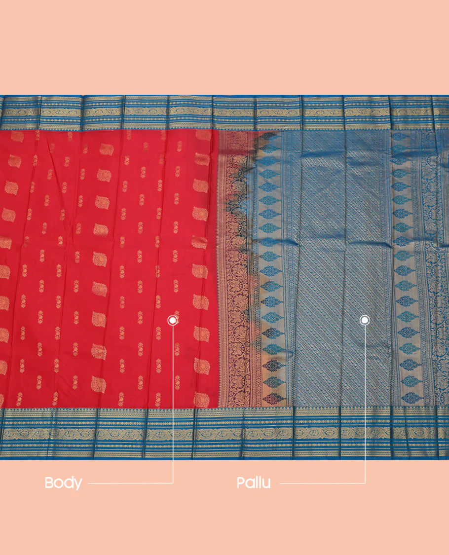 Red Budget Silk Saree, Graced with Zari Buttas All Over Its Body, Complemented by a Contrast Traditional Zari Border, Grand Geometric-Patterned Pallu, and Paired with a Contrast Blouse - Image 3