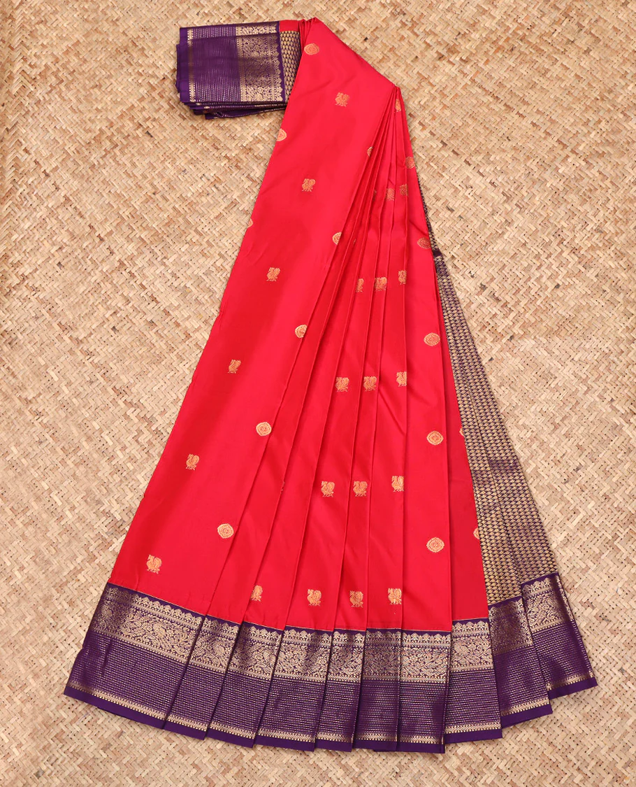 Red Budget Silk Saree, Highlighted by Peacock-Chakram Buttas All Over Its Body, Complemented by Contrast Traditional Zari Design Border, Grand Jaal Pallu, and Paired with a Contrast Blouse - Image 2
