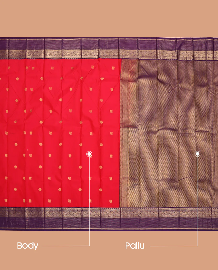 Red Budget Silk Saree, Highlighted by Peacock-Chakram Buttas All Over Its Body, Complemented by Contrast Traditional Zari Design Border, Grand Jaal Pallu, and Paired with a Contrast Blouse - Image 3