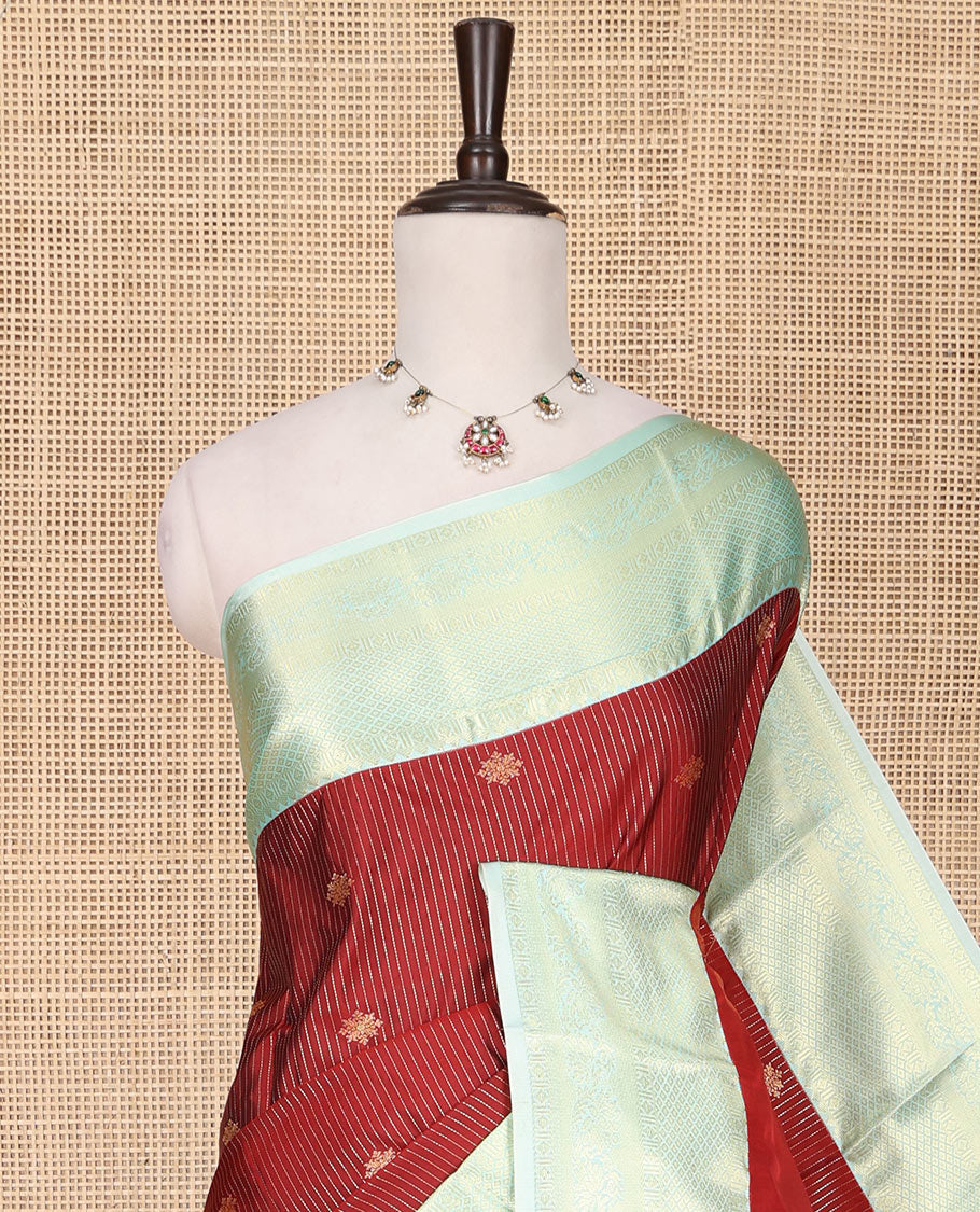 Red Budget Silk Saree, Mesmerized with Zari Buttas and Stripes All Over Its Body, Complemented by a Contrast Traditional Zari Design Border, Sparsely Woven Jaal Pallu, and Paired with a Contrast Blouse - Image 2