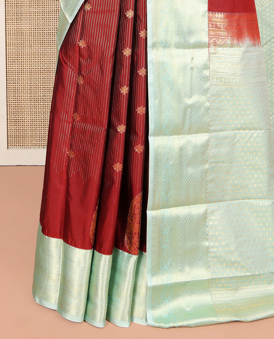 Red Budget Silk Saree, Mesmerized with Zari Buttas and Stripes All Over Its Body, Complemented by a Contrast Traditional Zari Design Border, Sparsely Woven Jaal Pallu, and Paired with a Contrast Blouse - Image 3