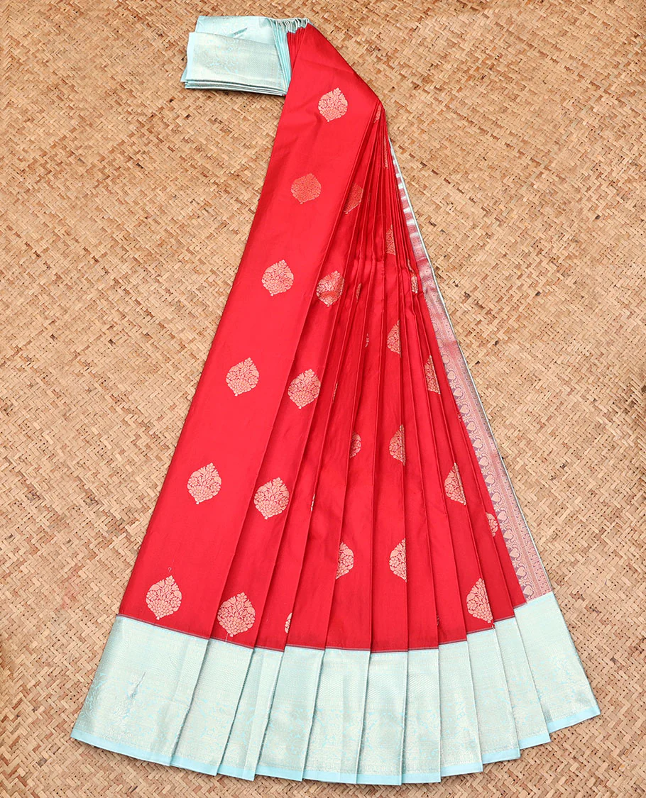 Red Budget Silk Saree, Ornamented with Zari Buttas All Over Its Body, Complemented by a Contrast Traditional Zari Design Border, Sparsely Woven Pallu, and Paired with a Contrast Blouse - Image 2