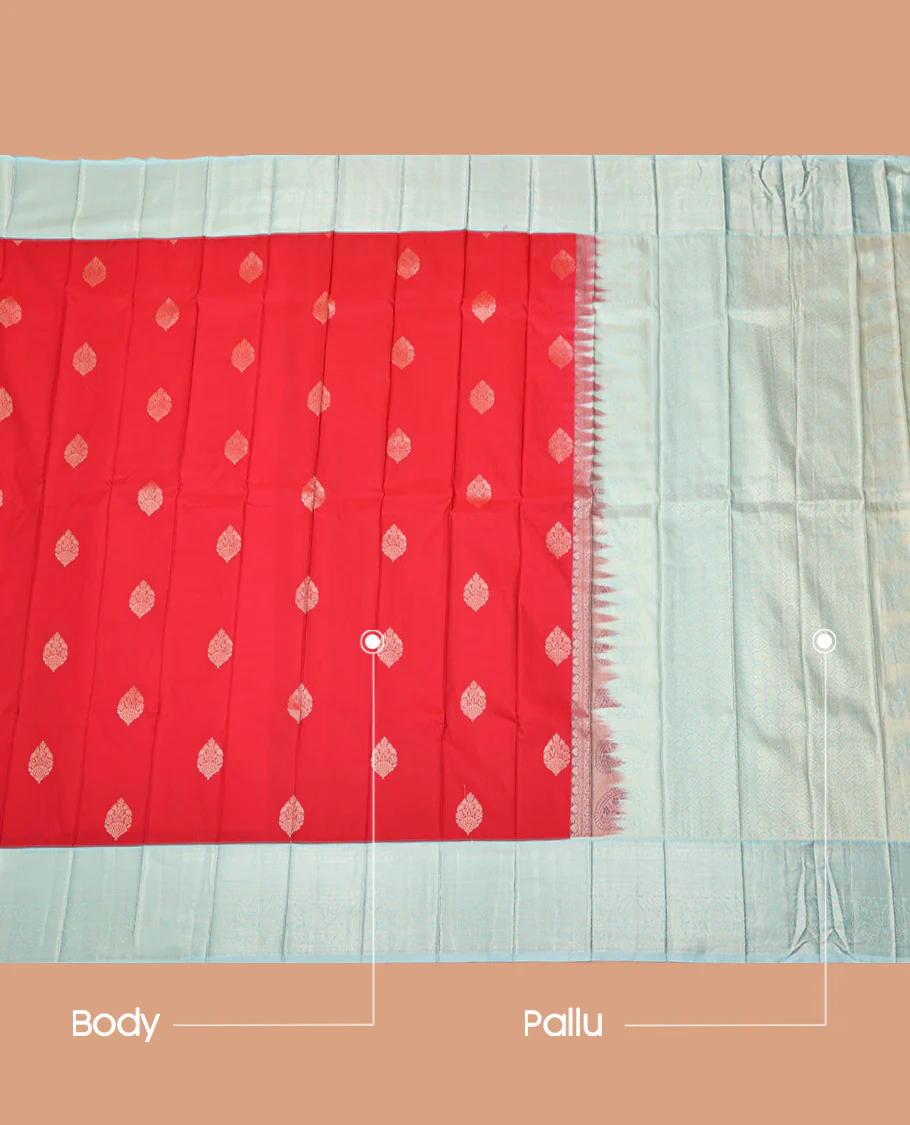 Red Budget Silk Saree, Ornamented with Zari Buttas All Over Its Body, Complemented by a Contrast Traditional Zari Design Border, Sparsely Woven Pallu, and Paired with a Contrast Blouse - Image 3
