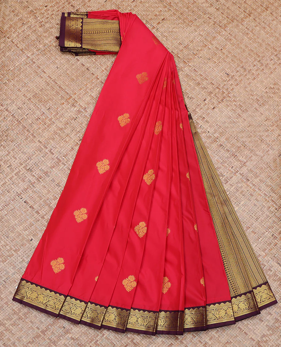 Red Budget Silk Saree, Prettified with Zari Buttas All Over Its Body, Complemented by a Contrast Traditional Zari Design Border of Peacocks, Pallu Features Geometric Designs, and Paired with a Contrast Blouse - Image 2