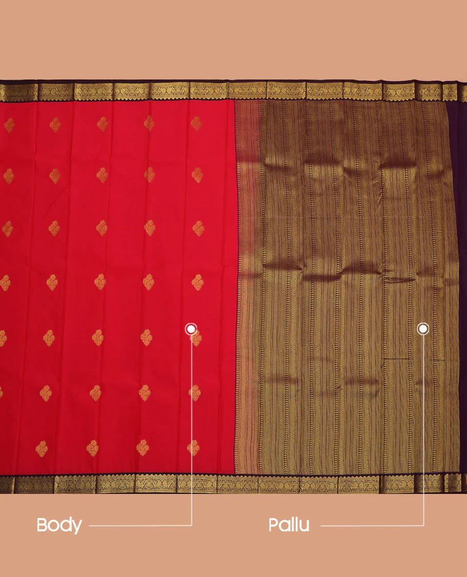 Red Budget Silk Saree, Prettified with Zari Buttas All Over Its Body, Complemented by a Contrast Traditional Zari Design Border of Peacocks, Pallu Features Geometric Designs, and Paired with a Contrast Blouse - Image 3