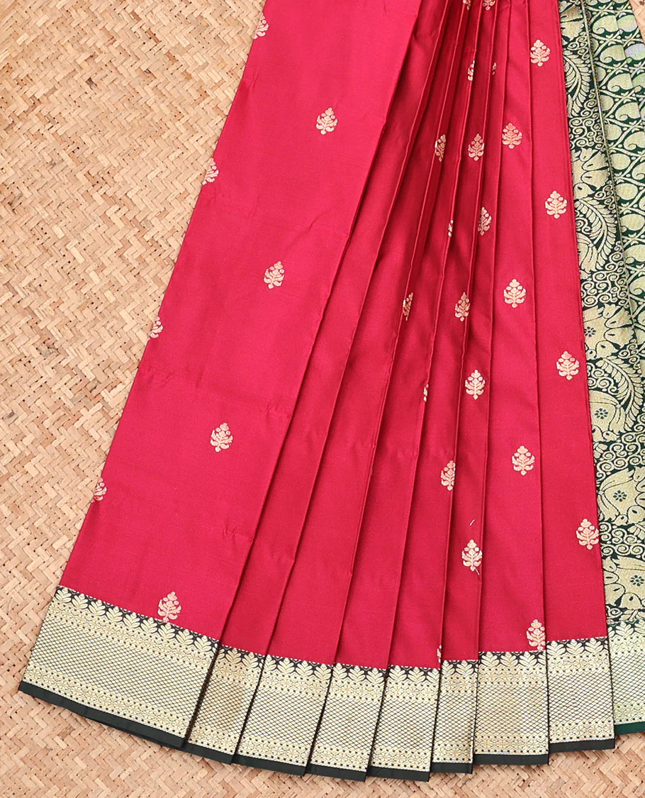 Red Budget Silk Saree, Prettified with Zari Buttas, Captivating Contrast Traditional Zari Design Border, Pallu of Paisley Butta Enclosed Jaal Design, and Has a Contrast Blouse