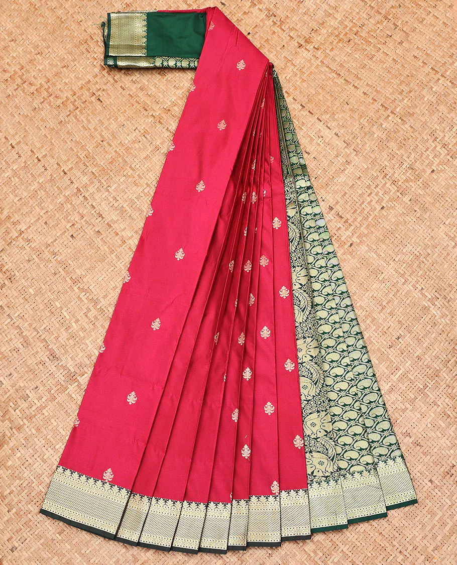 Red Budget Silk Saree, Prettified with Zari Buttas, Captivating Contrast Traditional Zari Design Border, Pallu of Paisley Butta Enclosed Jaal Design, and Has a Contrast Blouse - Image 2