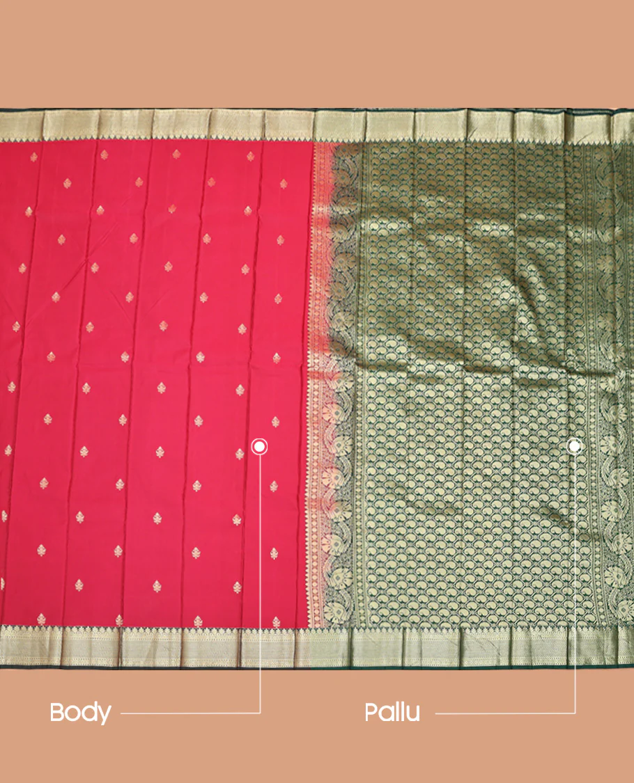 Red Budget Silk Saree, Prettified with Zari Buttas, Captivating Contrast Traditional Zari Design Border, Pallu of Paisley Butta Enclosed Jaal Design, and Has a Contrast Blouse - Image 3