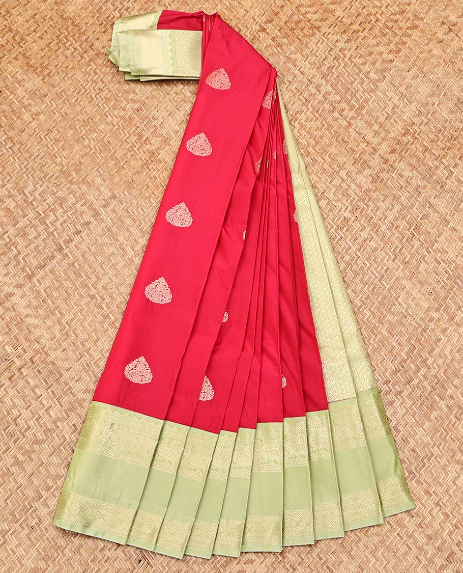 Red Budget Silk Saree, Showcasing Zari Buttas on Its Body, Complemented by a Contrast Traditional Zari Design Rettai Pettu Border, Grand Jaal Pallu, and Paired with a Contrast Blouse - Image 2
