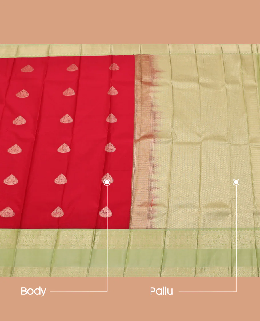Red Budget Silk Saree, Showcasing Zari Buttas on Its Body, Complemented by a Contrast Traditional Zari Design Rettai Pettu Border, Grand Jaal Pallu, and Paired with a Contrast Blouse - Image 3