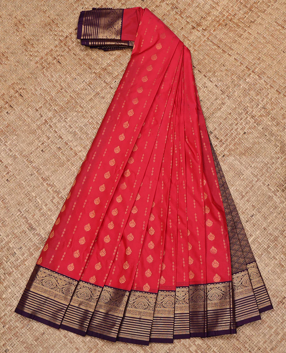 Red Budget Silk Saree, Woven with Zari Buttas All Over Its Body, Complemented by a Contrast Traditional Zari Border, Grand Jaal Pallu, and Paired with a Contrast Blouse - Image 2