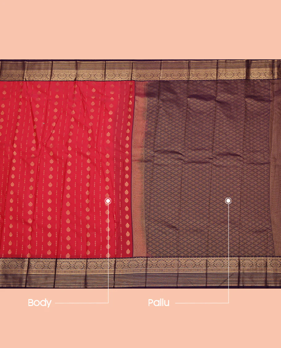 Red Budget Silk Saree, Woven with Zari Buttas All Over Its Body, Complemented by a Contrast Traditional Zari Border, Grand Jaal Pallu, and Paired with a Contrast Blouse - Image 3