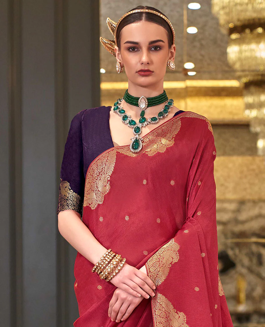 Red buttas designer saree, peacock motifs border, and pallu of peacock and intricate designs - Image 2
