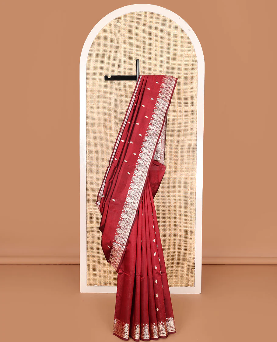 Red buttas kathan silk saree, floral zari border, and paisley vine design pallu