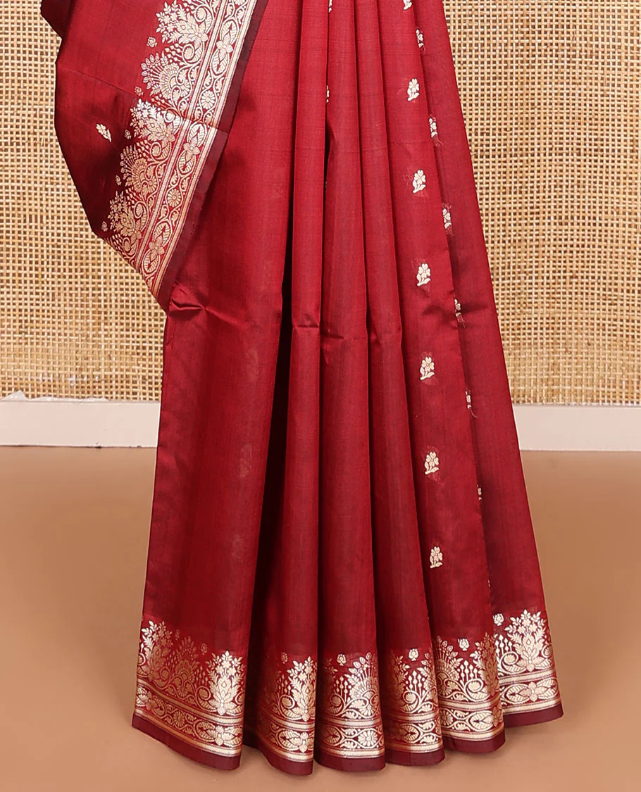 Red buttas kathan silk saree, floral zari border, and paisley vine design pallu - Image 5