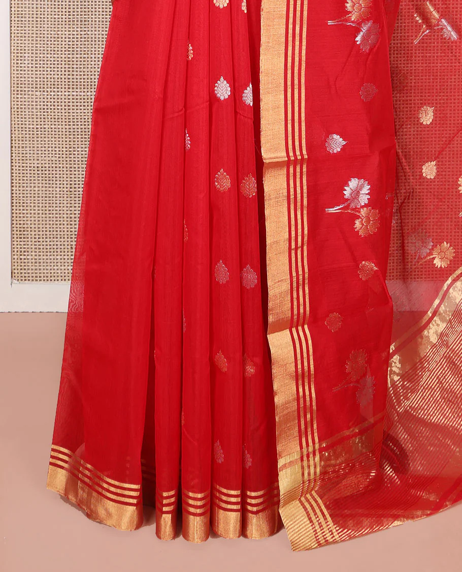 Red Chanderi Cotton Saree, Accentuated with Zari Buttas All Over Its Body, Highlighted by Zari Border, Pallu Steeped with Zari Stripes, and Paired with a Matching Blouse - Image 3