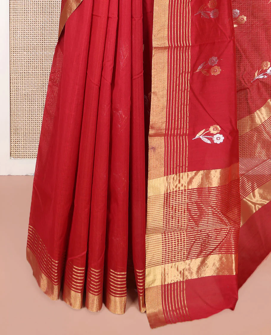 Red Chanderi Cotton Saree, Beautified with Floral Buttas All Over Its Body, Highlighted by a Zari Border, Pallu Steeped with Zari Stripes, and Paired with a Matching Blouse - Image 3