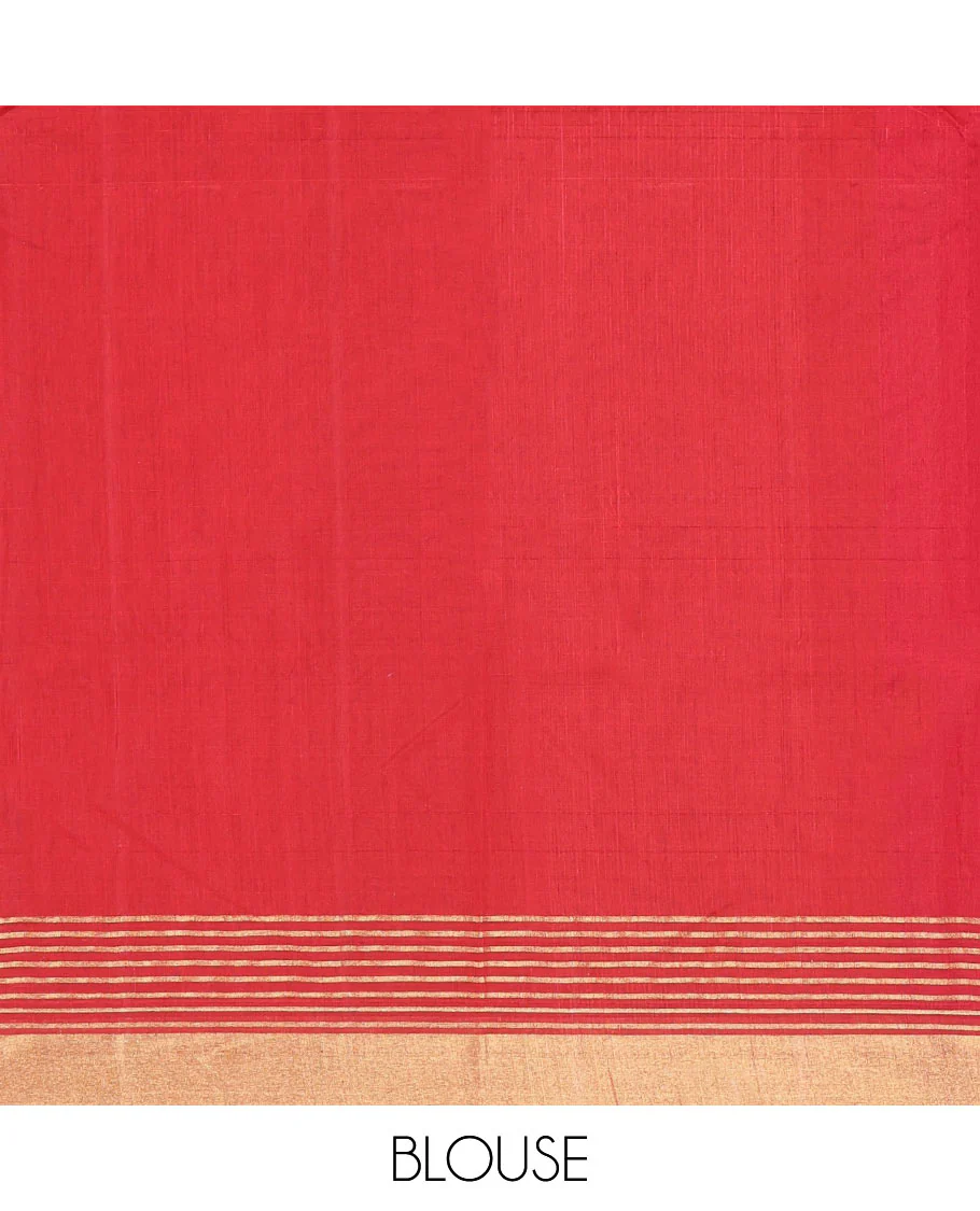 Red Chanderi Cotton Saree, Beautified with Floral Buttas All Over Its Body, Highlighted by a Zari Border, Pallu Steeped with Zari Stripes, and Paired with a Matching Blouse - Image 4