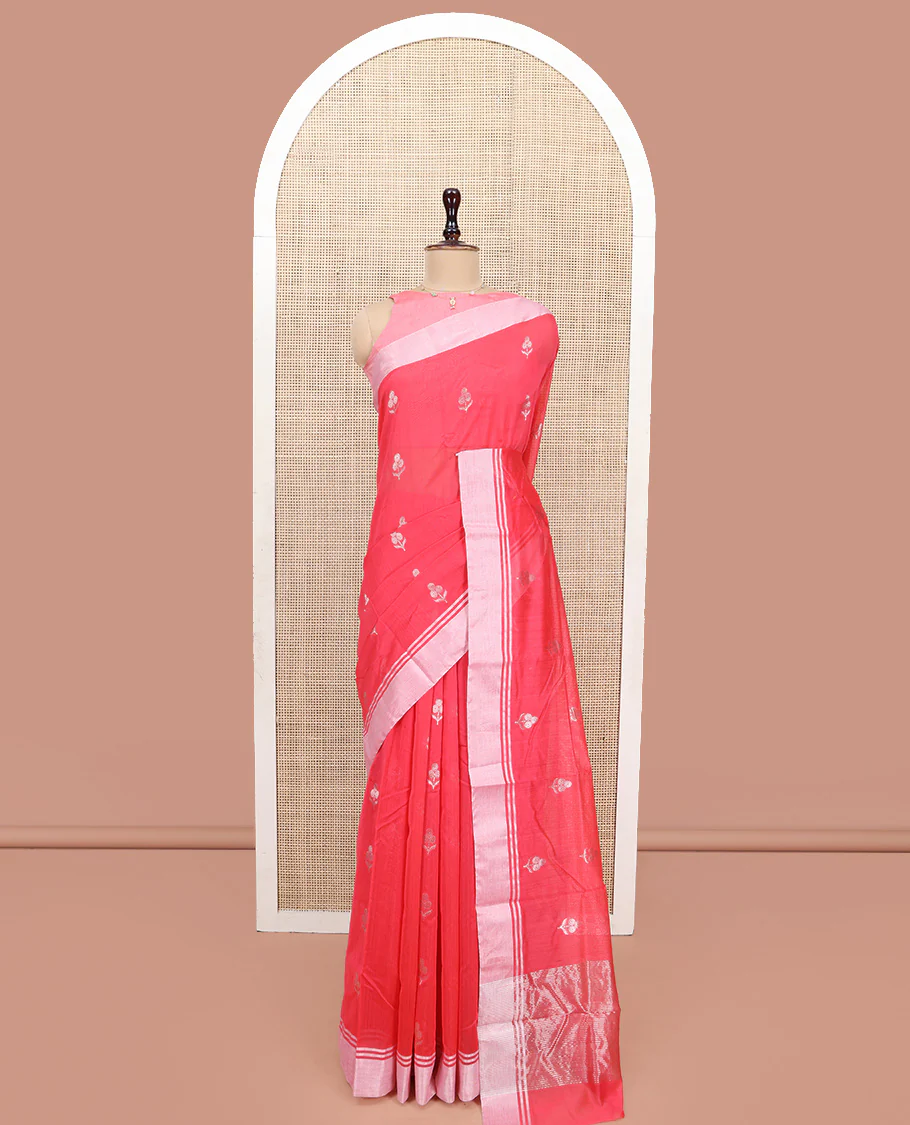 Red Chanderi Cotton Saree, Embellished with Floral Zari Buttas All Over Its Body, Highlighted by a Bavanji Border, Pallu Steeped with Zari Stripes, and Paired with a Matching Blouse - Image 3
